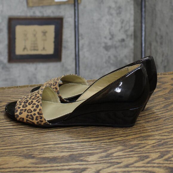 Bandolino Womens Vintage Open Toe Sandals Wedge Heels Black / Leopard 6M - Picture 2 of 8